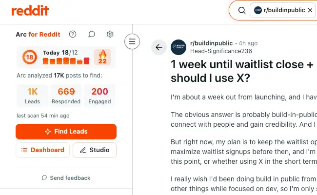 Arc Finders sidebar and Draft button embedded inside a Reddit thread