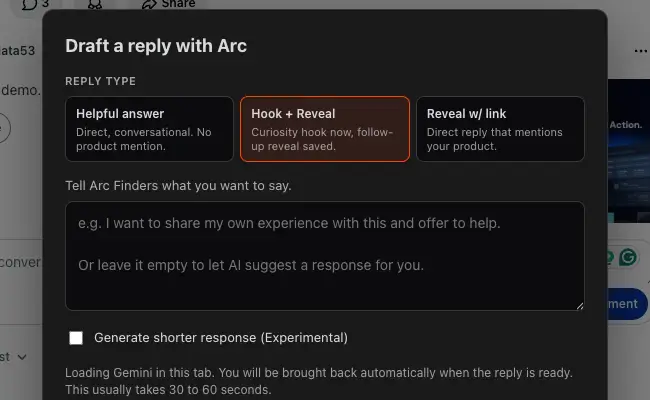 The Draft a reply with Arc modal inside a real Reddit thread