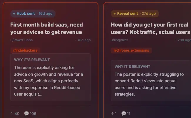 Arc Finders dashboard surfacing high-intent Reddit posts